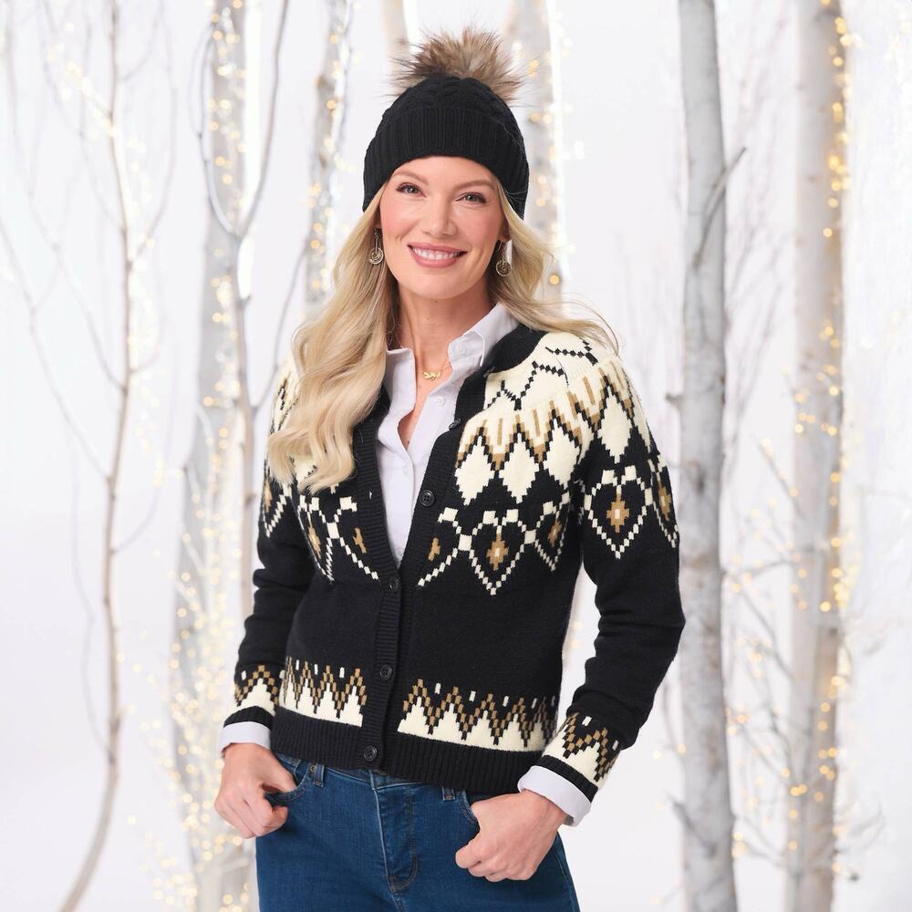 NorthStyle Fair Isle Cardigan Sweater Medium Black Button Front Nordic NWOT